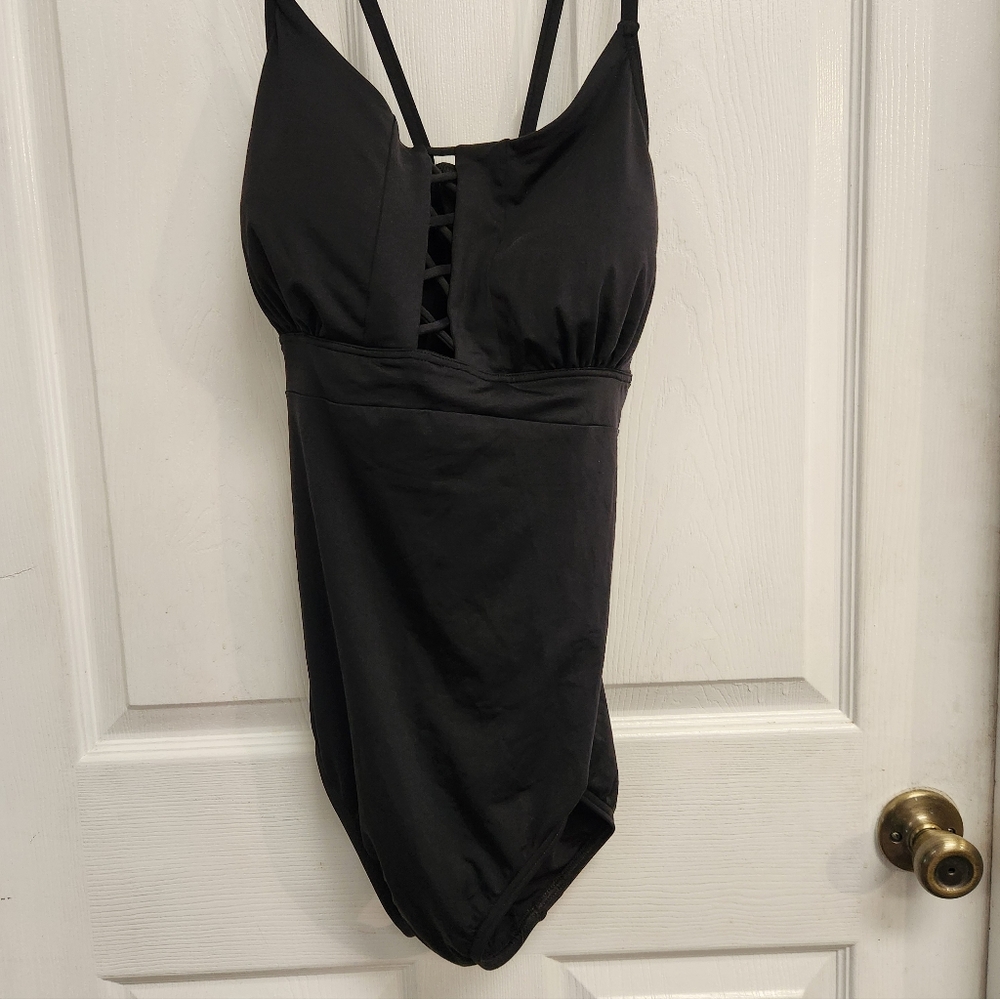 Lands End Black One-Piece Bathing Suit With Lace Up Front And Back